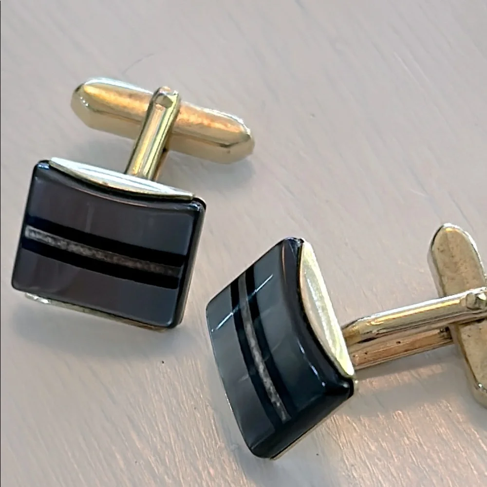 Vintage Cufflinks GOLD TONED Gray Mother Of Pearl/Black stripes